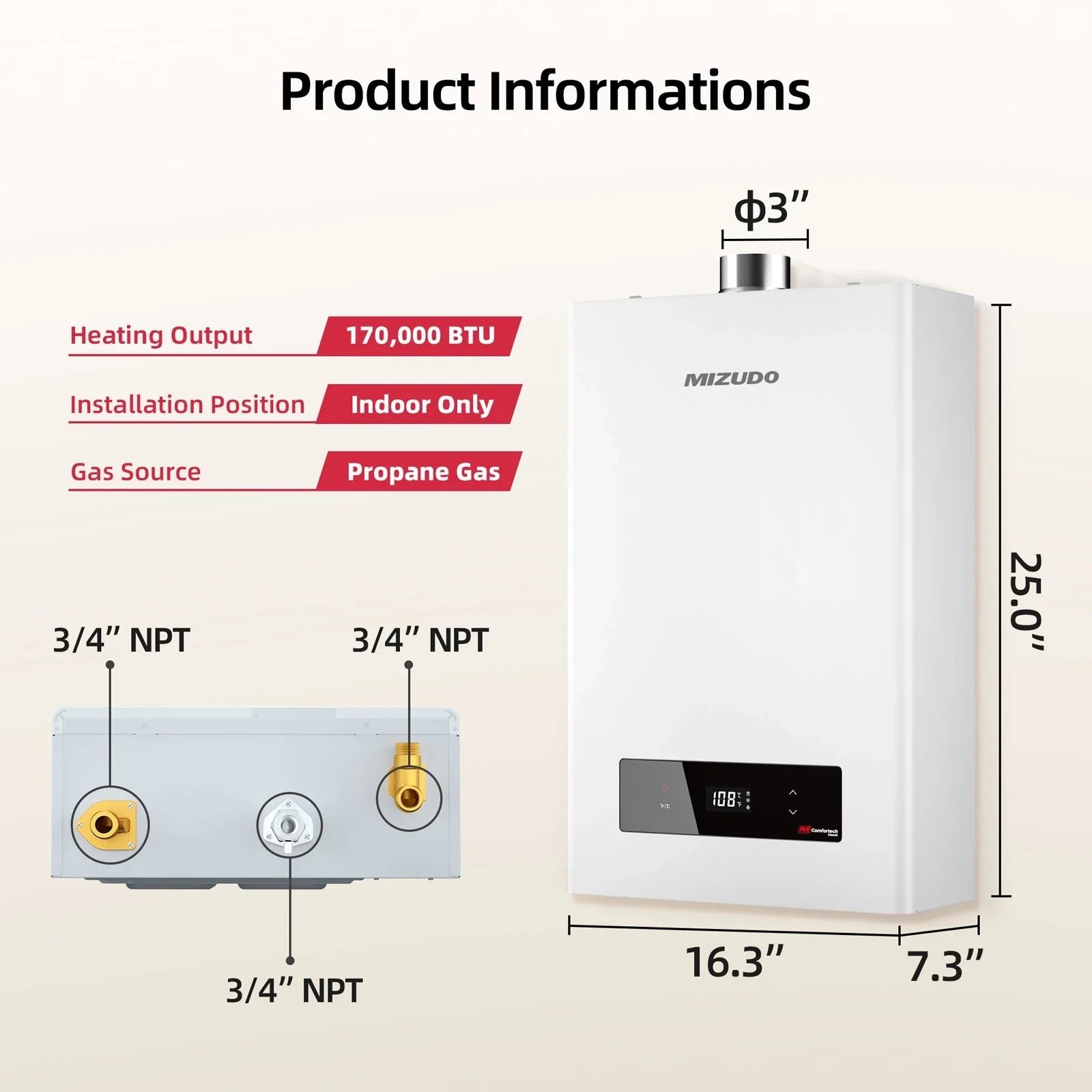 Mizudo CF170 Tankless Water Heater Propane Gas 7.5 GPM 170,000 BTU New