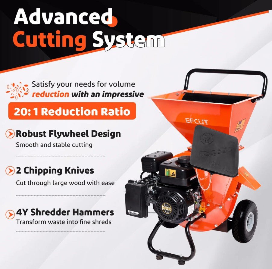 EFCUT EF-MF30 3-in-1 Wood Chipper 3" Shredder Mulcher 2 Hopper 7HP 212cc Horizontal 4-stroke Gas-Powered New