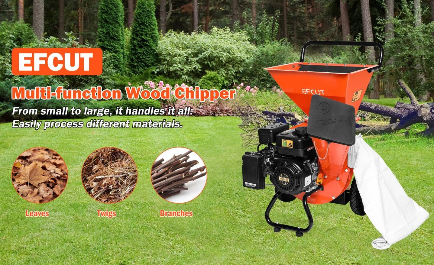 EFCUT EF-MF30 3-in-1 Wood Chipper 3" Shredder Mulcher 2 Hopper 7HP 212cc Horizontal 4-stroke Gas-Powered New