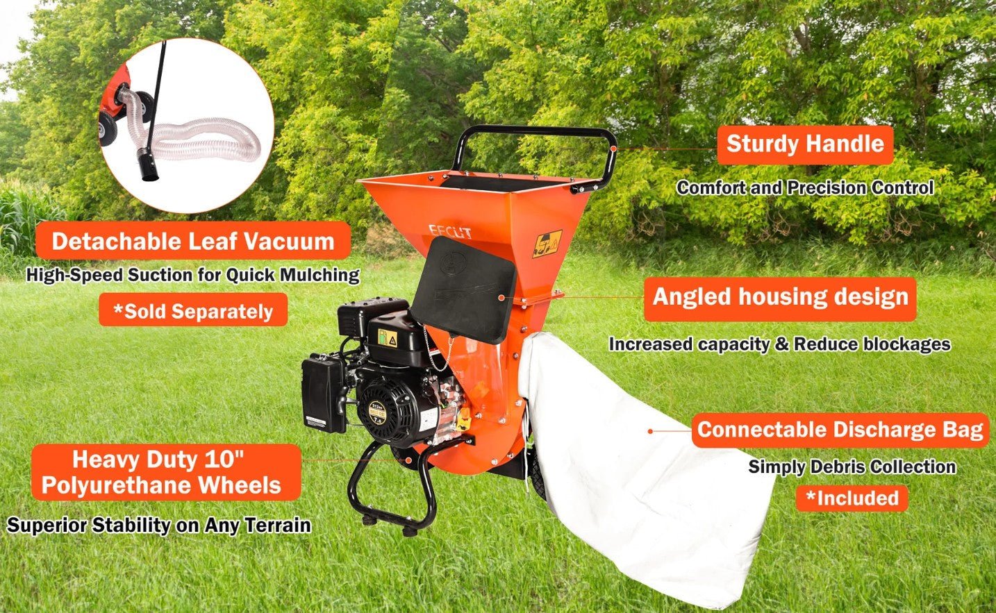 EFCUT EF-MF30 3-in-1 Wood Chipper 3" Shredder Mulcher 2 Hopper 7HP 212cc Horizontal 4-stroke Gas-Powered New