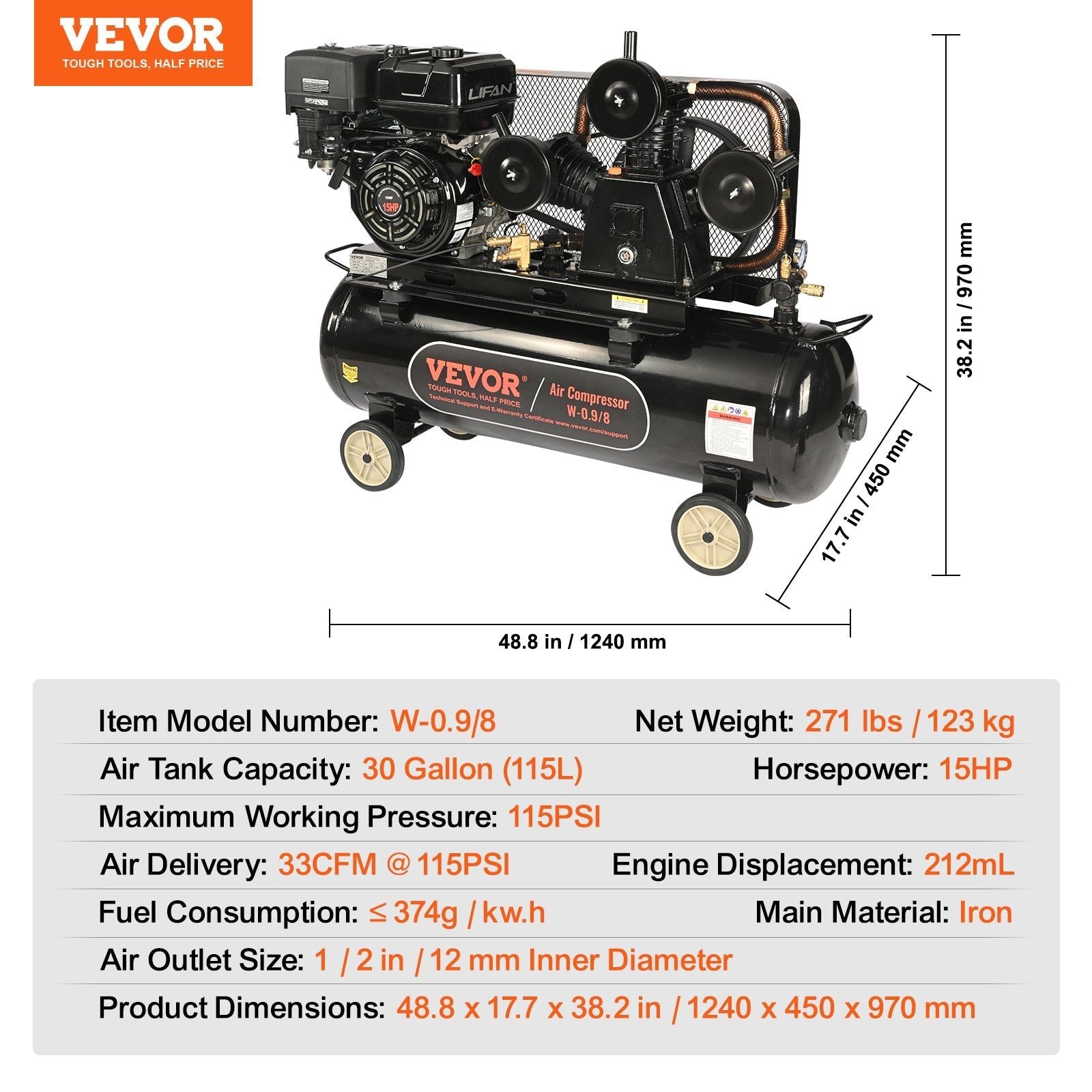 Vevor Air Compressor Gas Powered 30 Gal. 15 HP 33CFM @ 115 PSI New